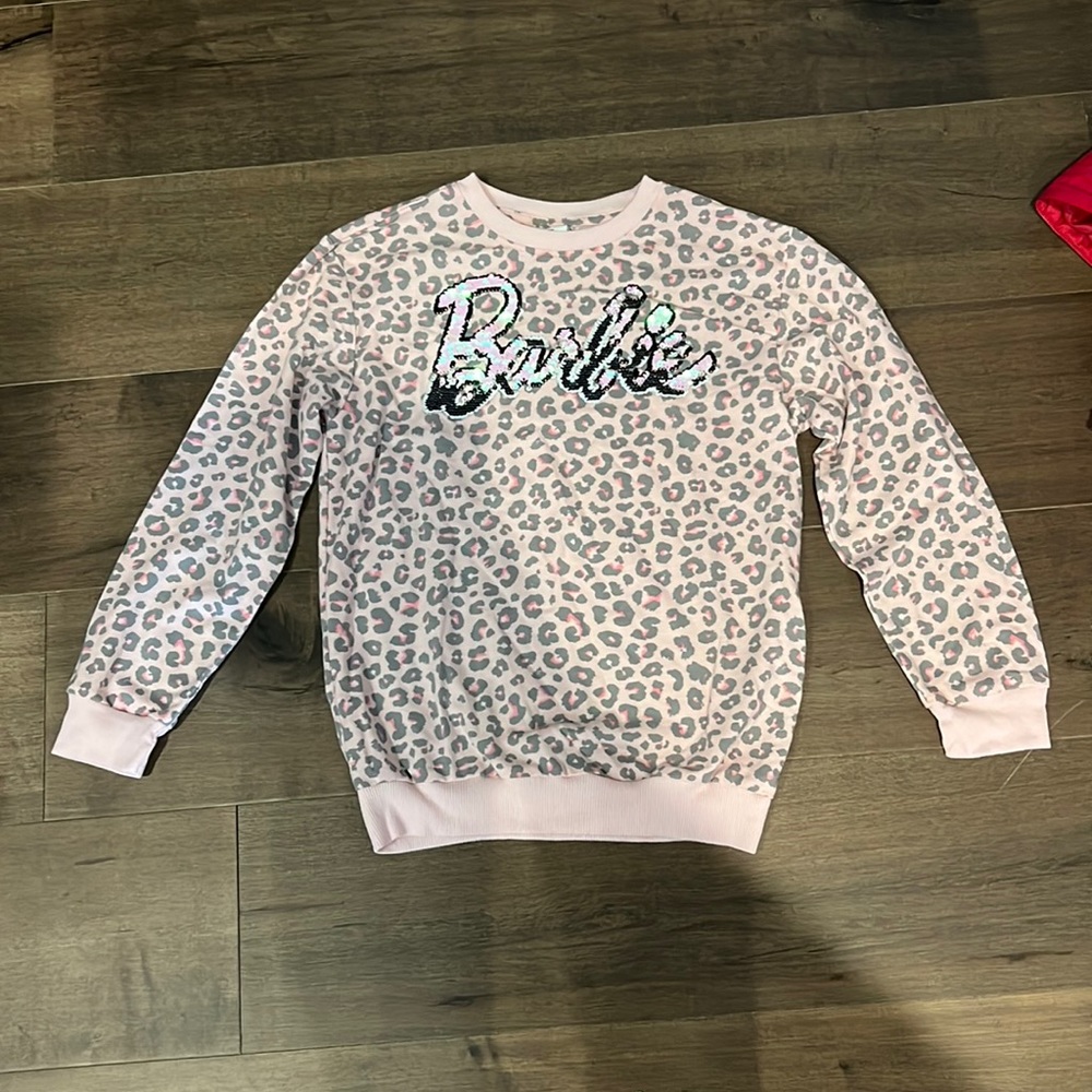 COPY - Girls size XL Barbie pink leopard print sequence flip it sweatshirt.